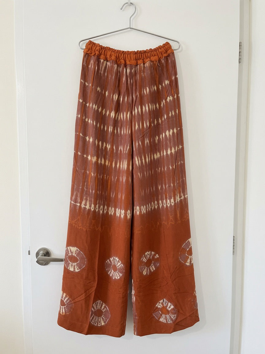 Handmade Brown African print adire Wide Leg Palazzo Trousers | Elastic Waist Women’s Lounge Pants