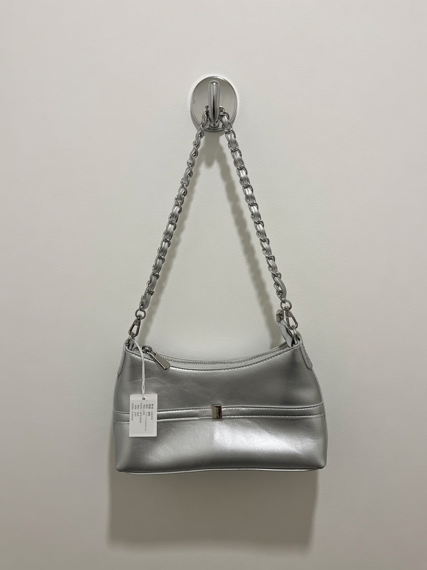 Silver Metallic Chain Strap Shoulder Bag | Women’s Mini Handbag