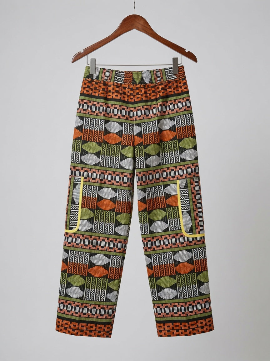 African Print Cargo Trousers – Handmade High-Waist Wide Leg Akwete Pants with Utility Pockets |