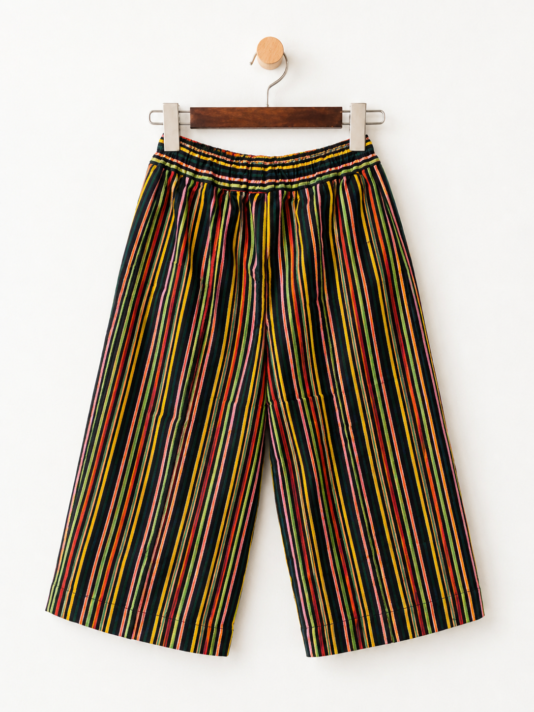 African Stripe Wide Leg Culottes with Utility Pockets – Elastic Waist midi length Trousers