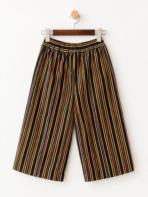 African Stripe Wide Leg Culottes with Utility Pockets – Elastic Waist midi length Trousers