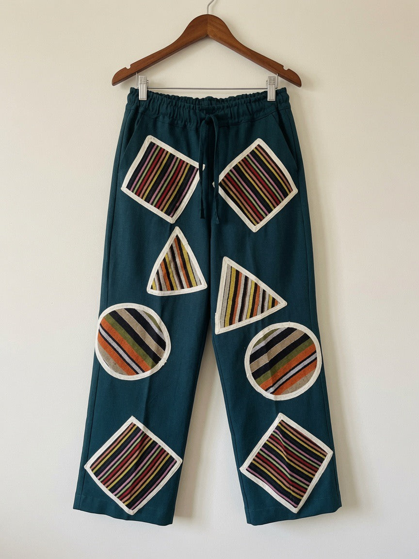 Handmade African Patchwork Wide Leg Trousers | Elastic Waist | Teal Statement Pants