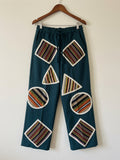 Handmade African Patchwork Wide Leg Trousers | Elastic Waist | Teal Statement Pants