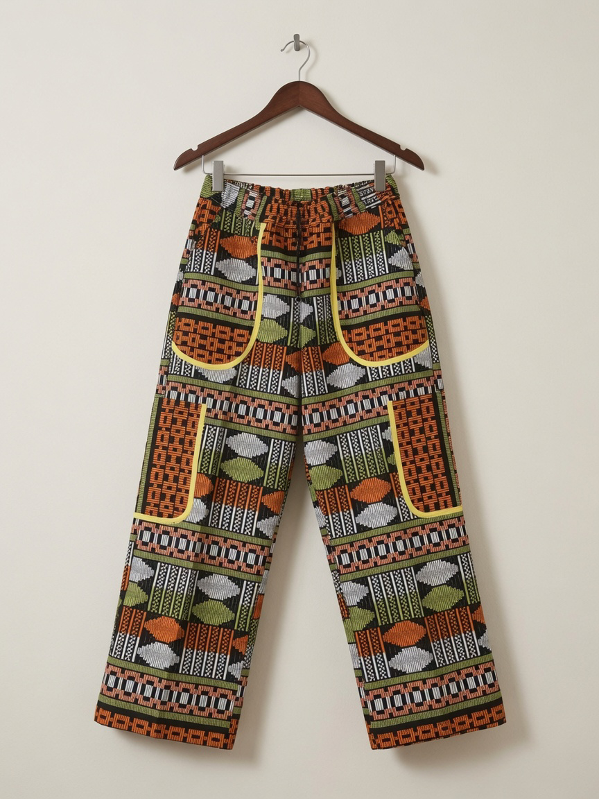 African Print Cargo Trousers – Handmade High-Waist Wide Leg Akwete Pants with Utility Pockets |