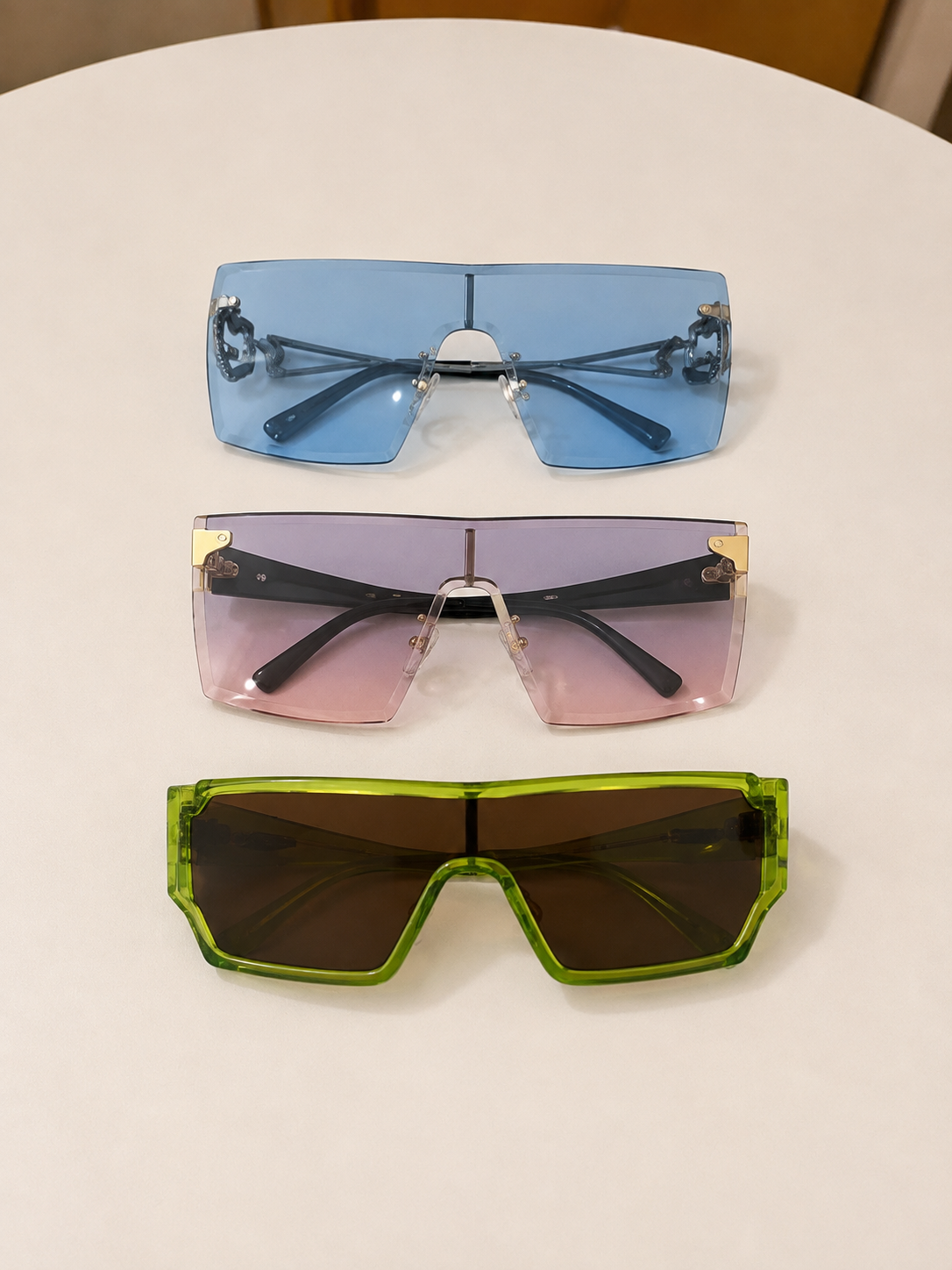 Oversized Shield Sunglasses – Green, Blue & Pink