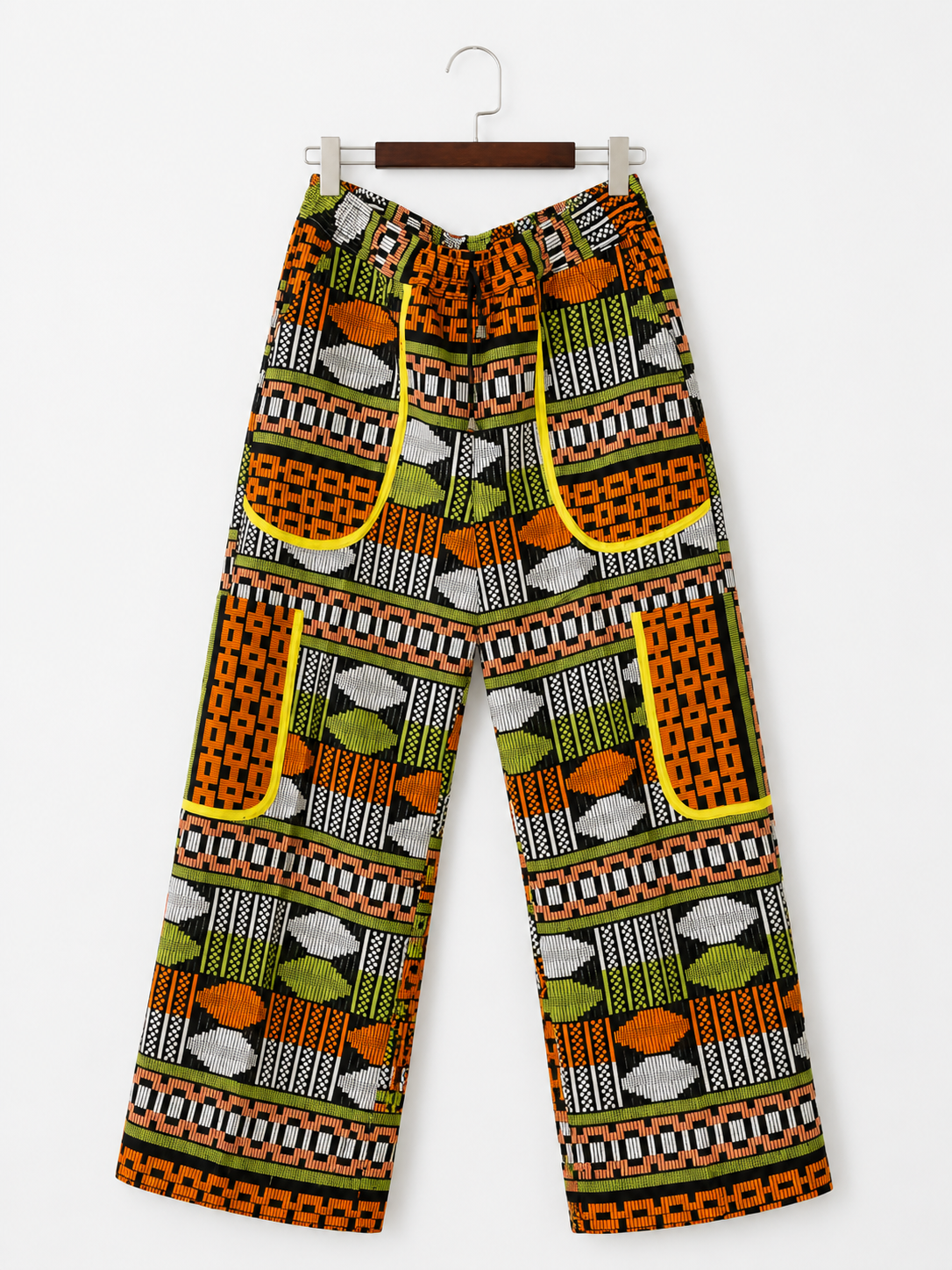 African Print Cargo Trousers – Handmade High-Waist Wide Leg Akwete Pants with Utility Pockets |