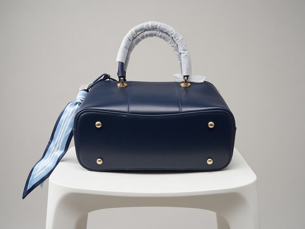 Elegant Navy Blue Top Handle Tote Bag for Women | Faux Leather Handbag with Crossbody Strap & Silk Scarf