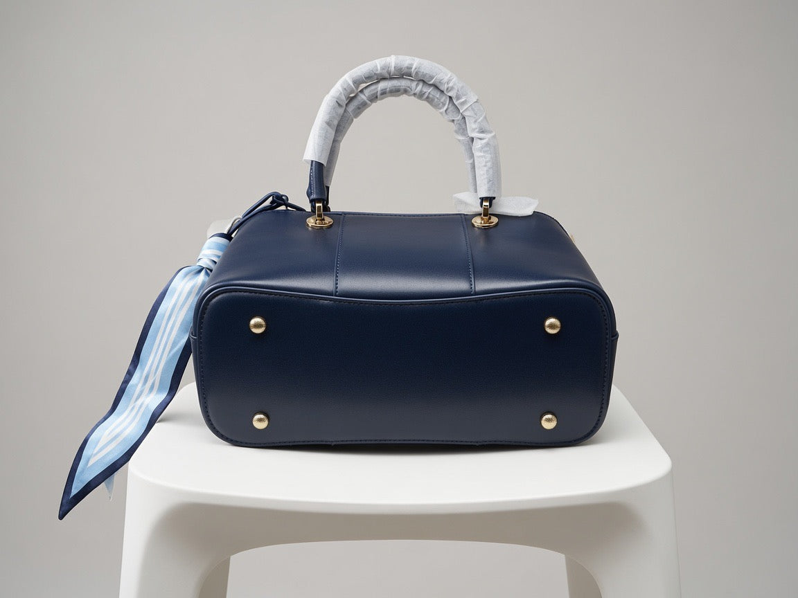 Elegant Navy Blue Top Handle Tote Bag for Women | Faux Leather Handbag with Crossbody Strap & Silk Scarf