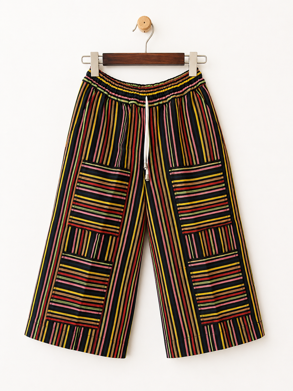 African Stripe Wide Leg Culottes with Utility Pockets – Elastic Waist midi length Trousers