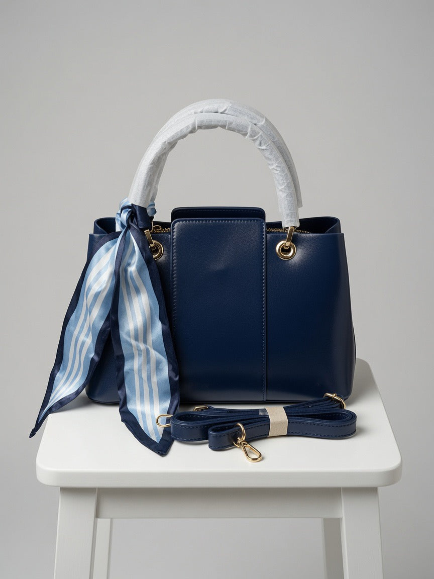 Elegant Navy Blue Top Handle Tote Bag for Women | Faux Leather Handbag with Crossbody Strap & Silk Scarf