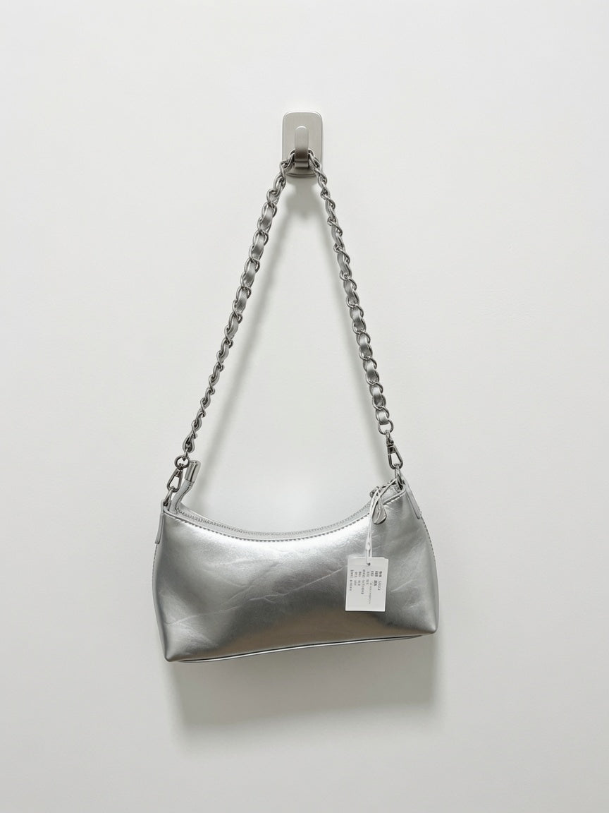 Silver Metallic Chain Strap Shoulder Bag | Women’s Mini Handbag