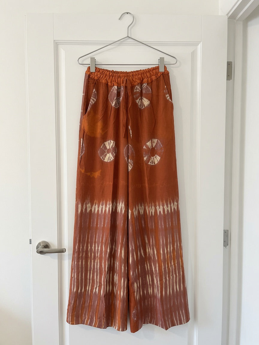 Handmade Brown African print adire Wide Leg Palazzo Trousers | Elastic Waist Women’s Lounge Pants