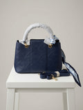 Elegant Navy Blue Top Handle Tote Bag for Women | Faux Leather Handbag with Crossbody Strap & Silk Scarf