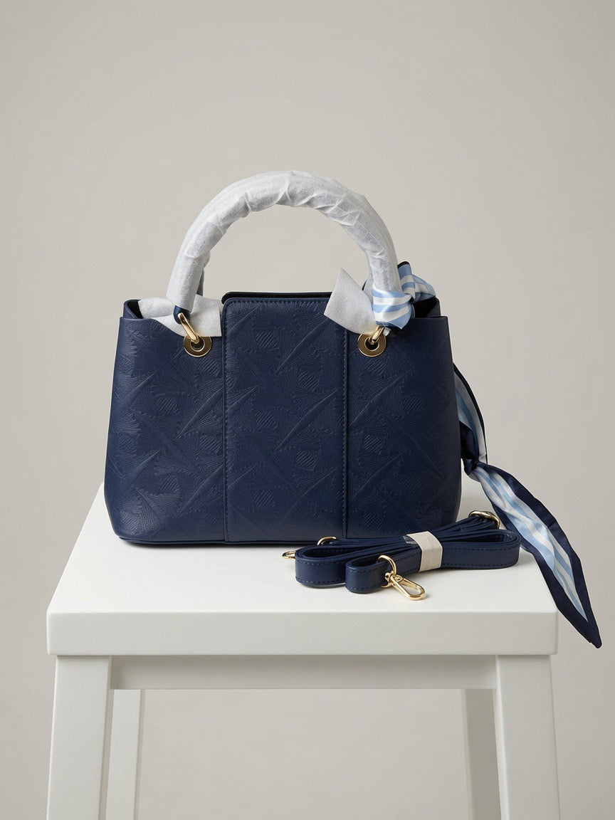 Elegant Navy Blue Top Handle Tote Bag for Women | Faux Leather Handbag with Crossbody Strap & Silk Scarf
