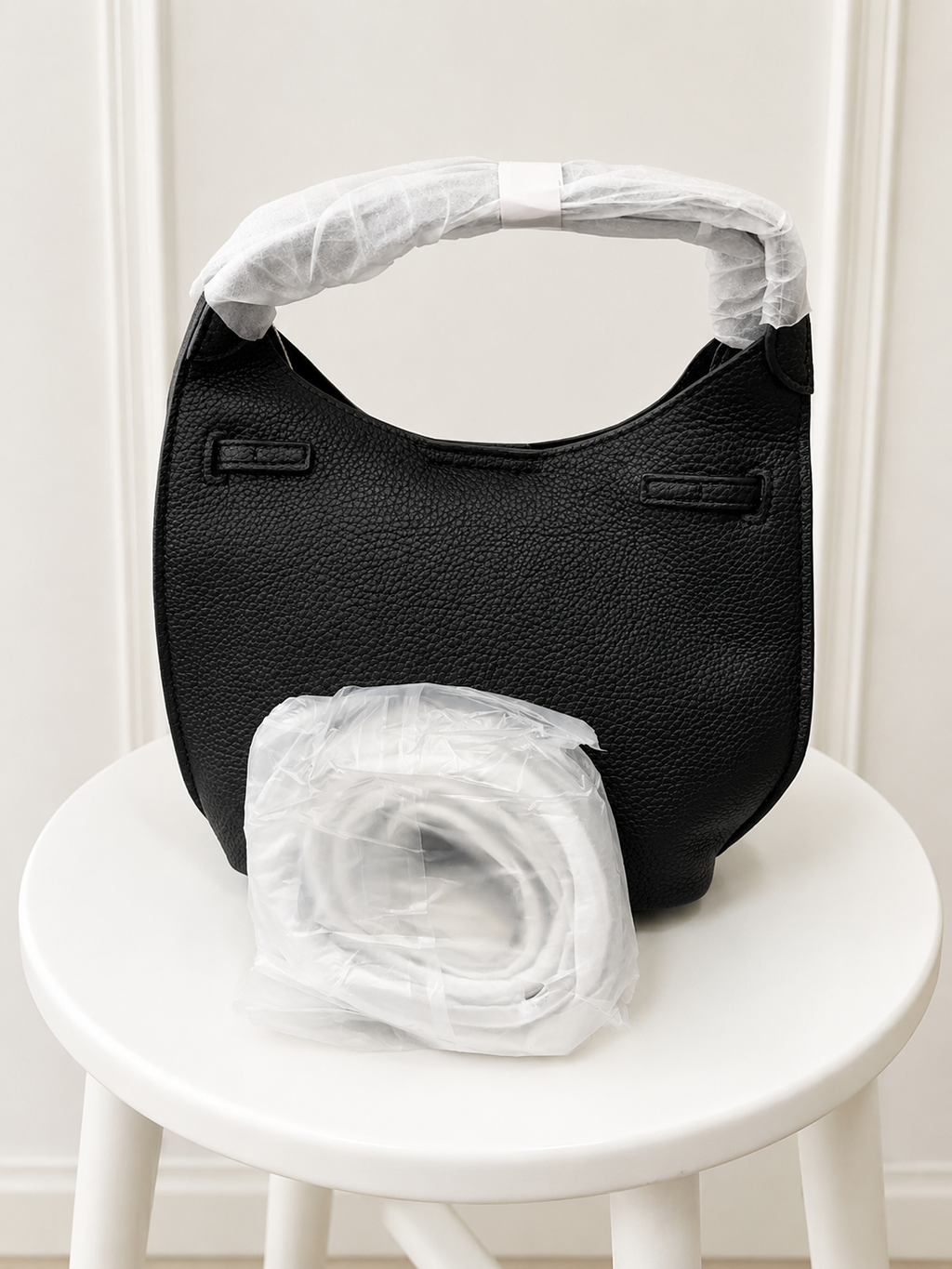 Black Textured Shoulder Handbag with Detachable Strap