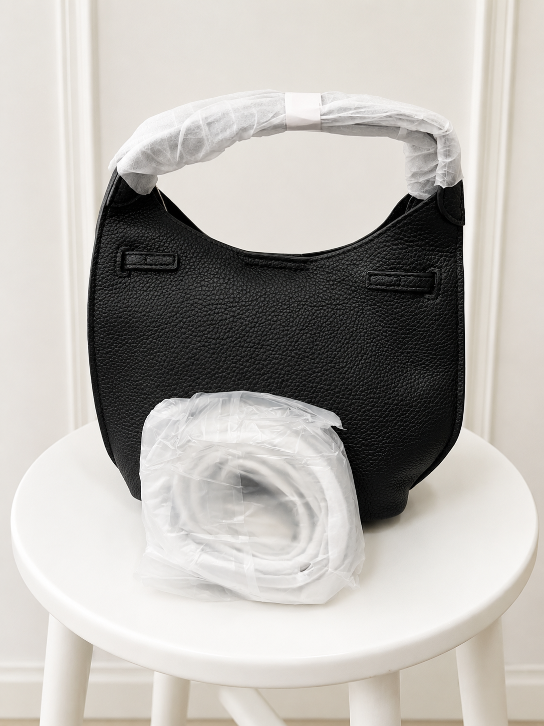 Black Textured Shoulder Handbag with Detachable Strap