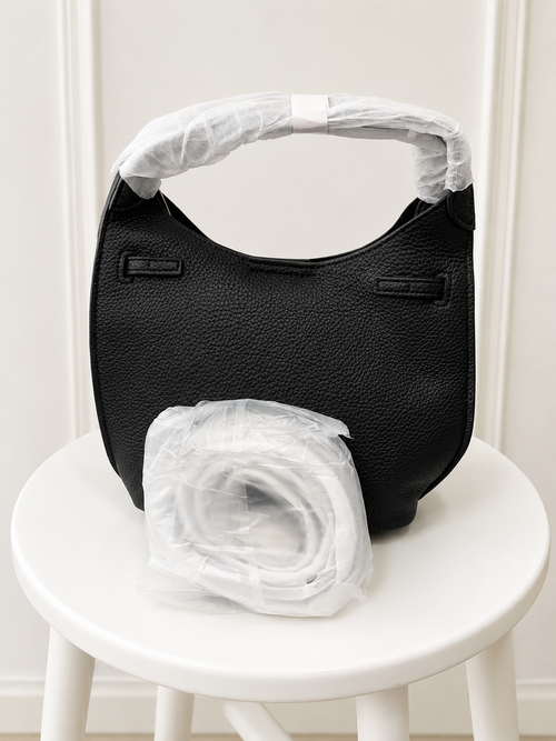 Black Textured Shoulder Handbag with Detachable Strap